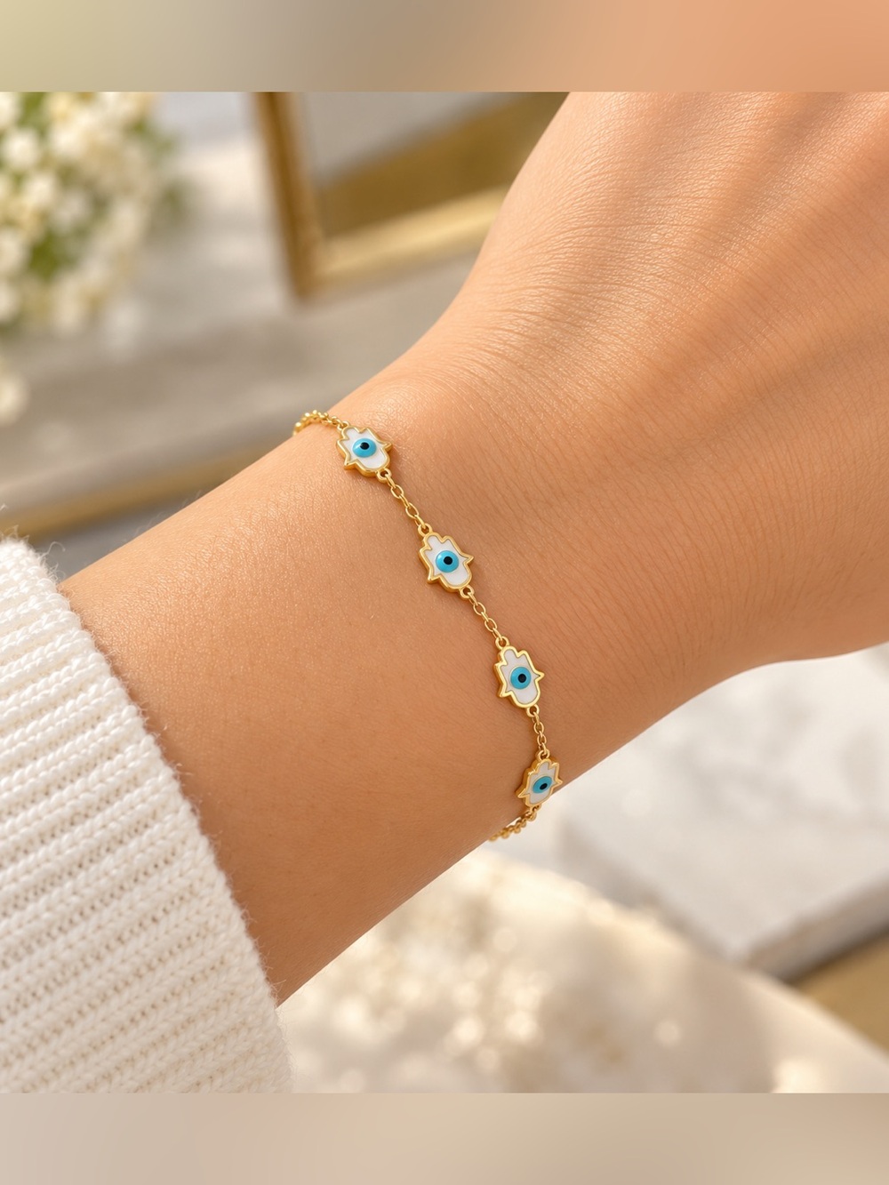 Bracelet Gold Plated Link Bracelet with Blue Enamel Accent